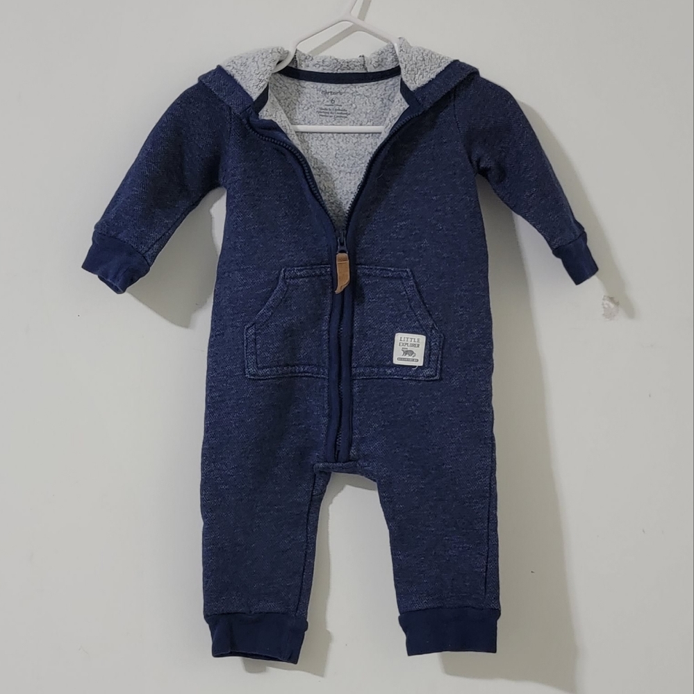 CARTERS DENIM BLUE HOODIE FUZZY ONESIE 6M - Picture 3 of 4